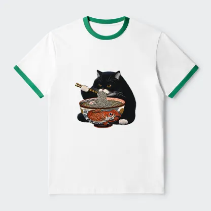 Tokyo-Tiger Fat Cat Eating Ramen Contrast Trim T-Shirt