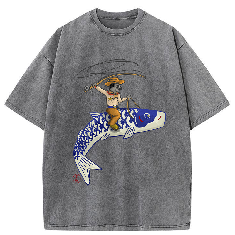 Tokyo-Tiger Cowboy Mouse Ride Fish Washed T-Shirt