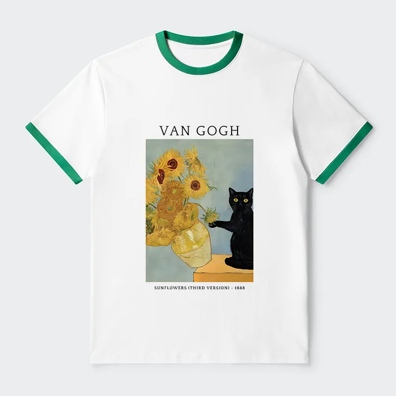 Tokyo-Tiger Black Cat With Sunflowers Contrast Trim T-Shirt