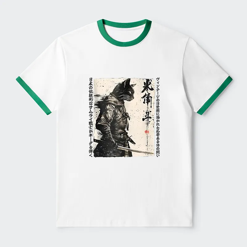 Tokyo-Tiger Cat Samurai Retro Contrast Trim T-Shirt