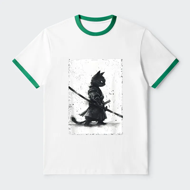 Tokyo-Tiger Retro Cat Samurai Japanese Contrast Trim T-Shirt