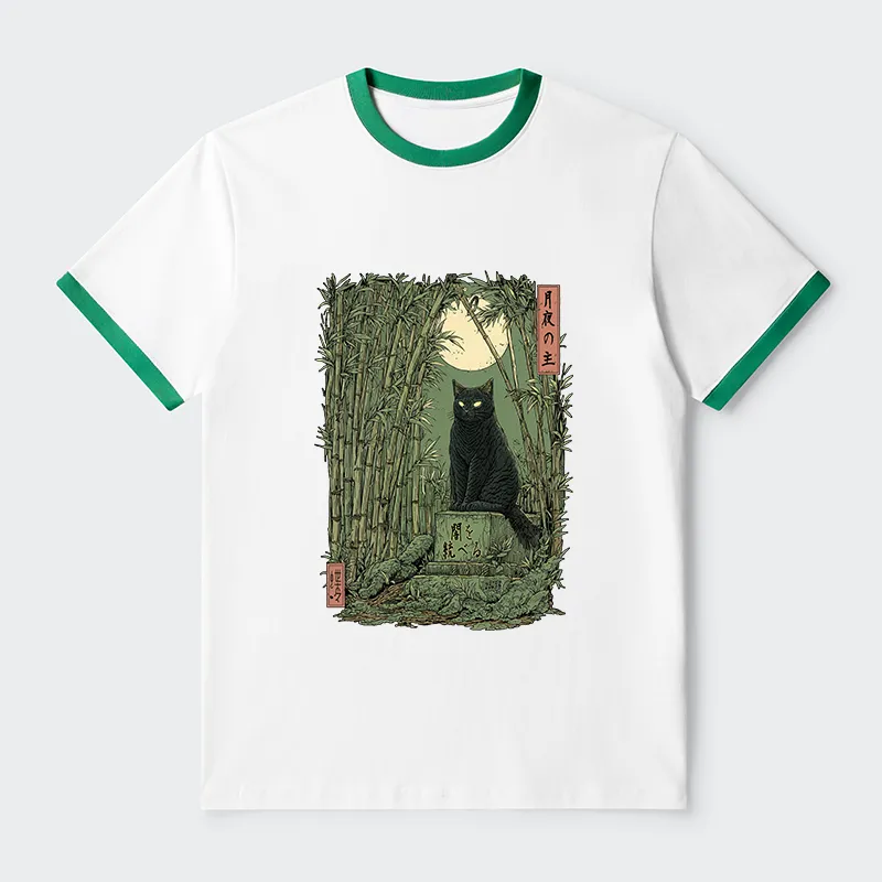 Tokyo-Tiger Black Cat In The Bamboo Forest Contrast Trim T-Shirt