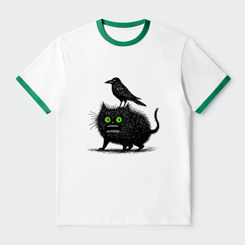 Tokyo-Tiger Crow And Black Cat Contrast Trim T-Shirt