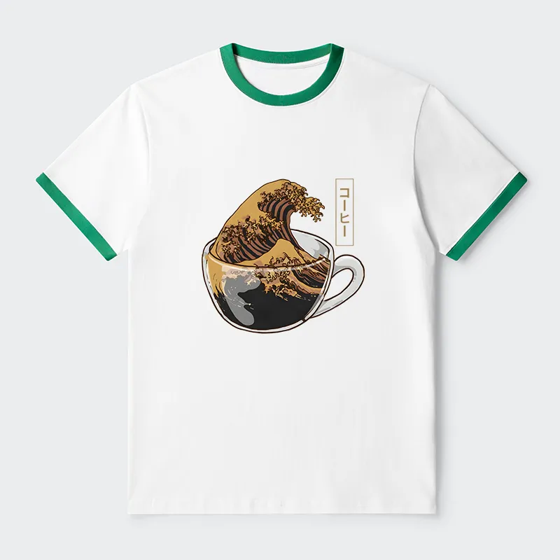 Tokyo-Tiger Coffee Wave Contrast Trim T-Shirt