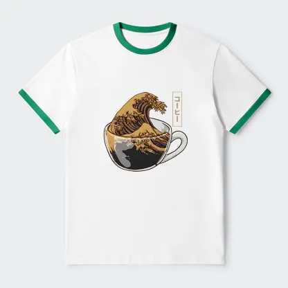 Tokyo-Tiger Coffee Wave Contrast Trim T-Shirt