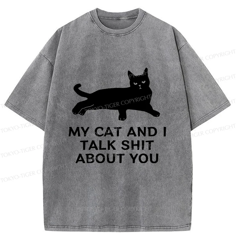 Tokyo-Tiger Gossiping Black Cat Washed T-Shirt