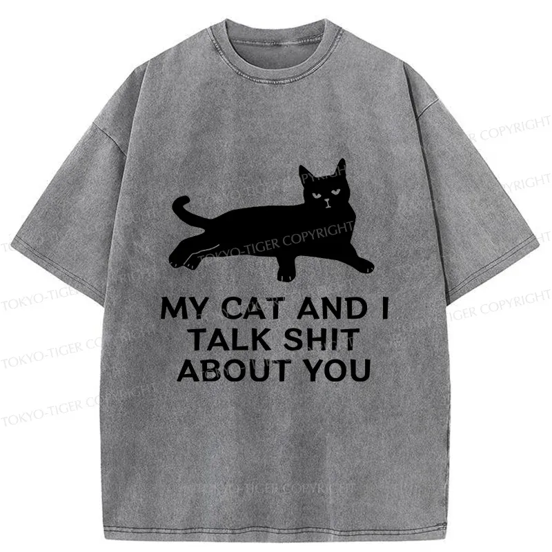 Tokyo-Tiger Gossiping Black Cat Washed T-Shirt