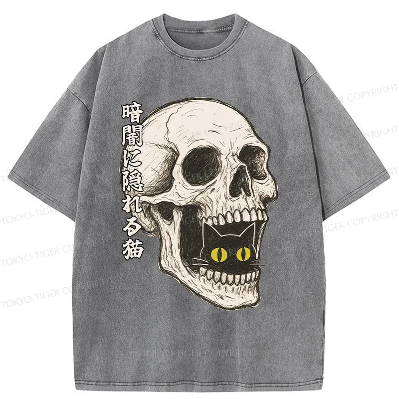 Tokyo-Tiger Cat Hiding In The Skull Washed T-Shirt