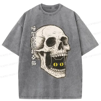 Tokyo-Tiger Cat Hiding In The Skull Washed T-Shirt