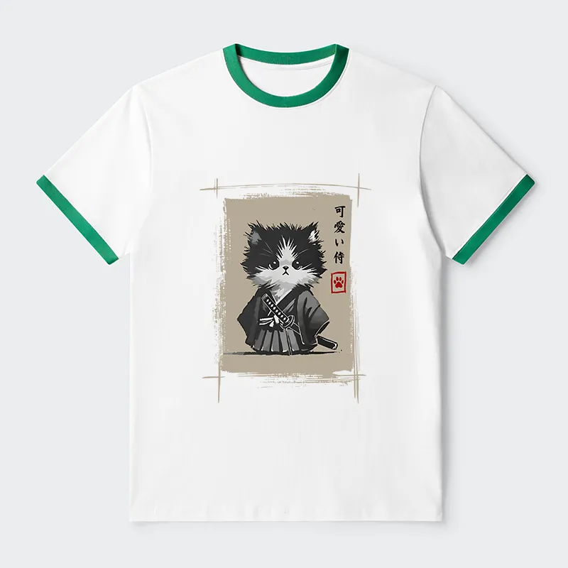 Tokyo-Tiger Kitten Samurai Contrast Trim T-Shirt