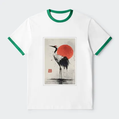Tokyo-Tiger Retro Japanese Red-crowned Crane Contrast Trim T-Shirt