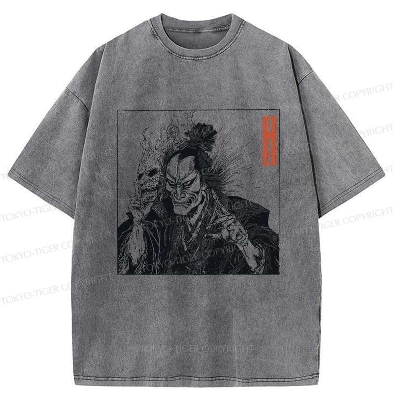 Tokyo-Tiger Samurai Taking Off His Demon Mask Washed T-Shirt