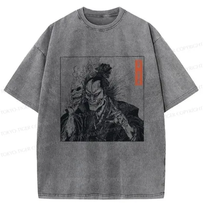 Tokyo-Tiger Samurai Taking Off His Demon Mask Washed T-Shirt