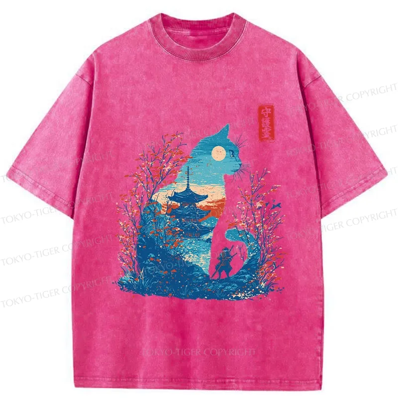 Tokyo-Tiger Cat Guardian Silhouette Washed T-Shirt