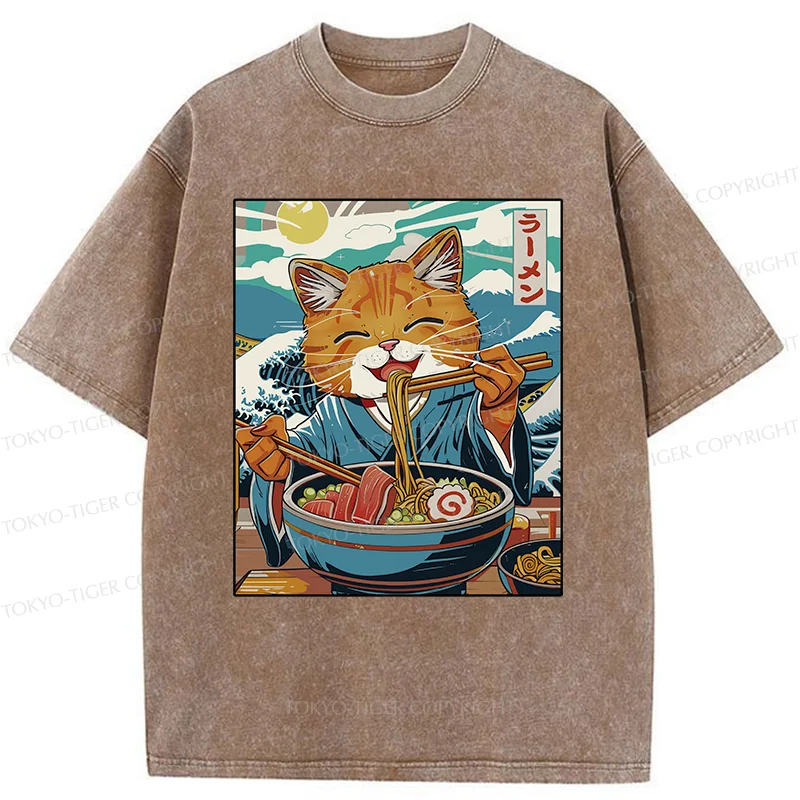 Tokyo-Tiger Orange Cat Eating Ramen Washed T-Shirt