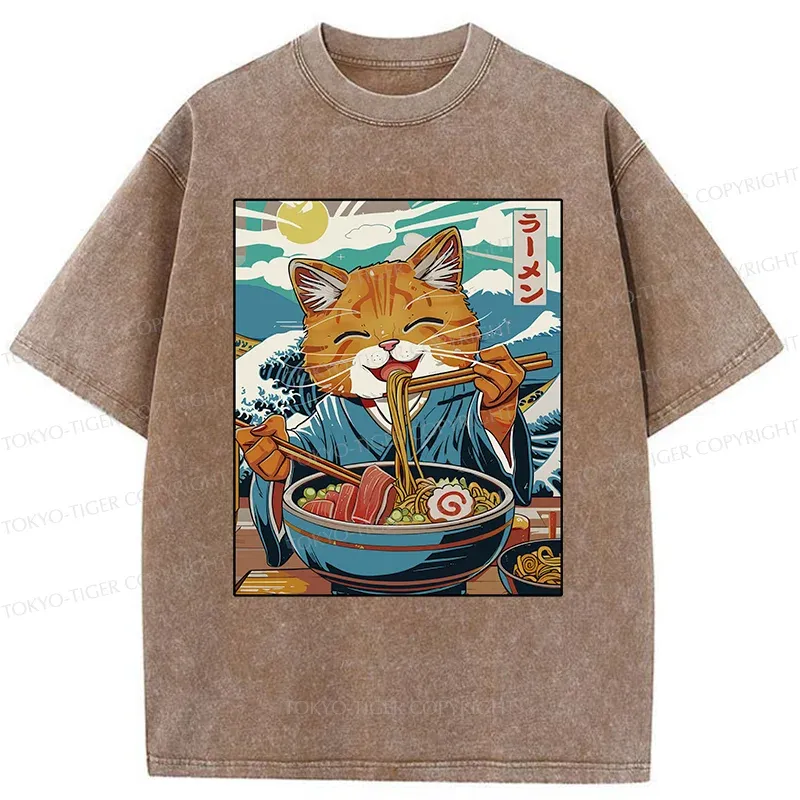 Tokyo-Tiger Orange Cat Eating Ramen Washed T-Shirt