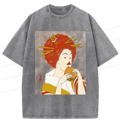 Tokyo-Tiger Japanese Eating Hamburger Washed T-Shirt