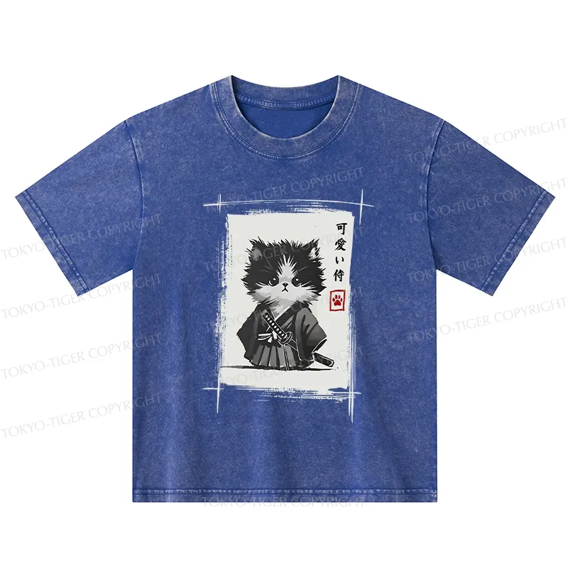 Tokyo-Tiger Kitten Samurai Kids Washed T-Shirt