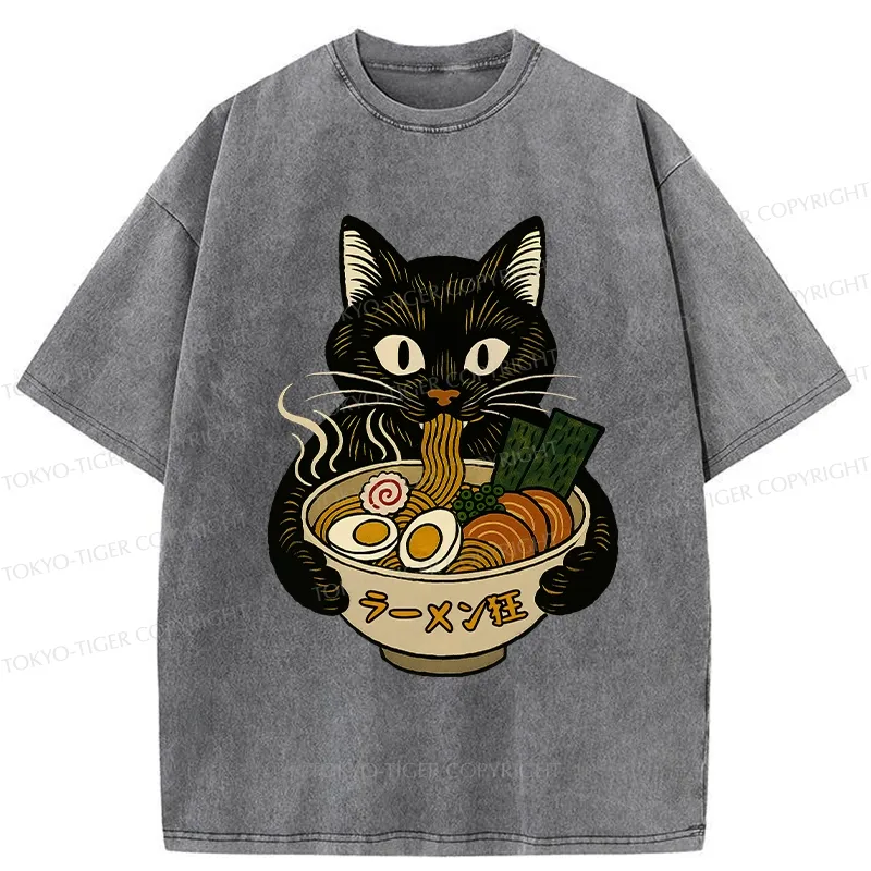 Tokyo-Tiger Ramen Fanatic Cat Washed T-Shirt