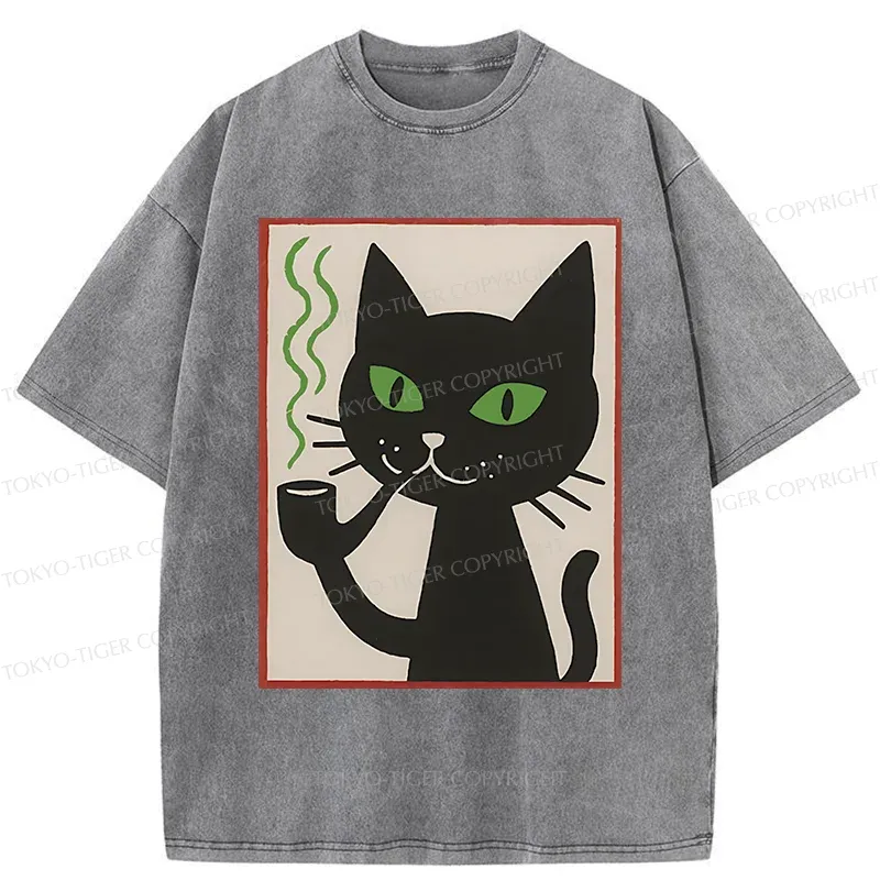 Tokyo-Tiger Black Cat Smoking Washed T-Shirt