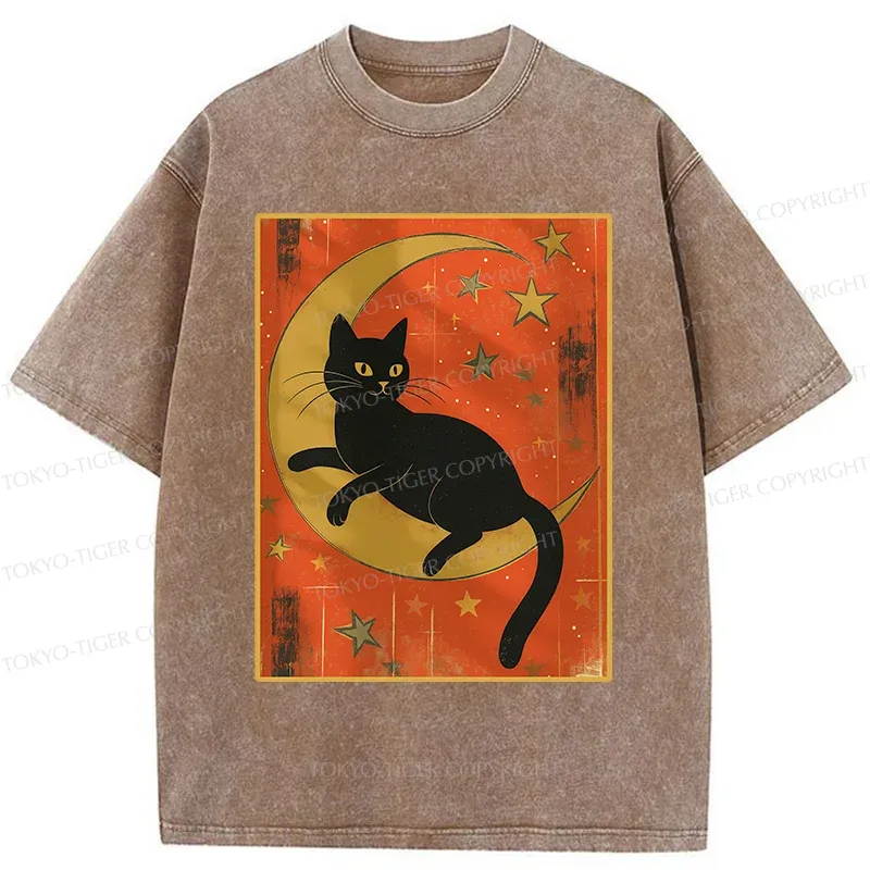 Tokyo-Tiger Black Cat On The Moon Washed T-Shirt