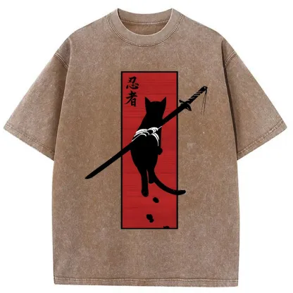 Tokyo-Tiger Lonely Cat Ninja Washed T-Shirt