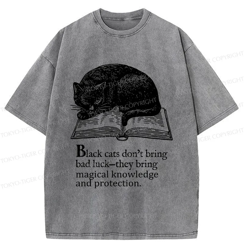 Tokyo-Tiger Black Cat Sleeping On A Book Washed T-Shirt