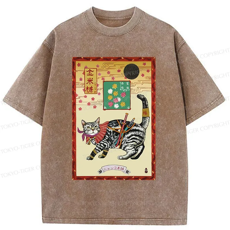 Tokyo-Tiger Retro Samurai Cat Washed T-Shirt