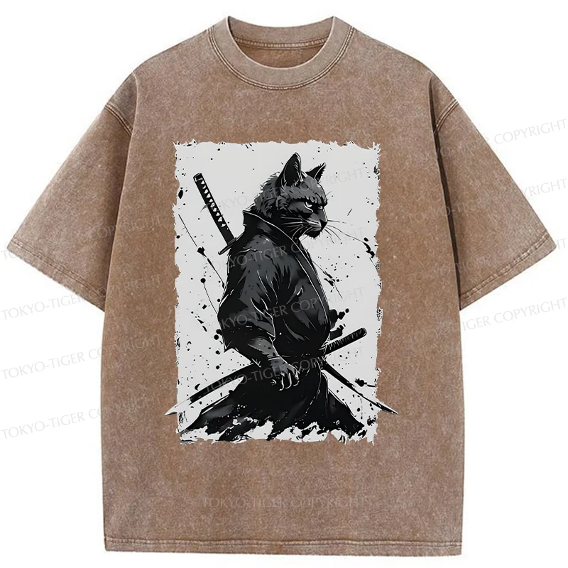 Tokyo-Tiger Handsome Samurai Cat Washed T-Shirt