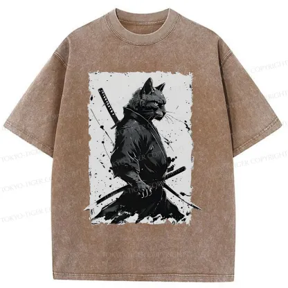 Tokyo-Tiger Handsome Samurai Cat Washed T-Shirt
