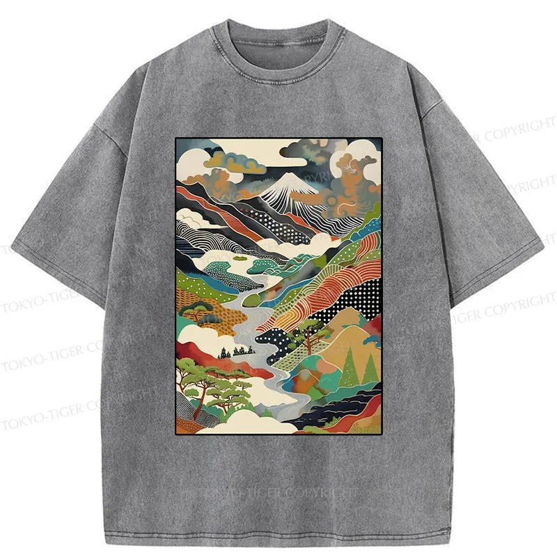 Tokyo-Tiger Japanese Mountain Scenery Washed T-Shirt