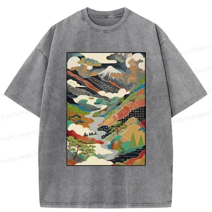 Tokyo-Tiger Japanese Mountain Scenery Washed T-Shirt