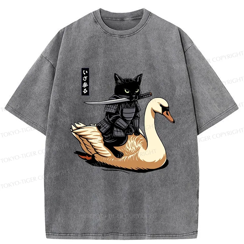 Tokyo-Tiger Black Cat Samurai Riding A Goose Washed T-Shirt