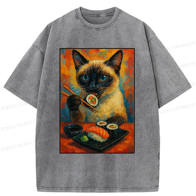 Tokyo-Tiger Siamese Cat Eating Sushi Washed T-Shirt