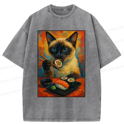 Tokyo-Tiger Siamese Cat Eating Sushi Washed T-Shirt