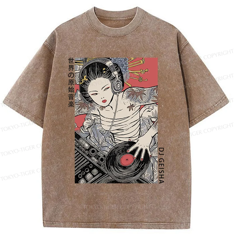 Tokyo-Tiger Geisha DJ Funny Washed T-Shirt