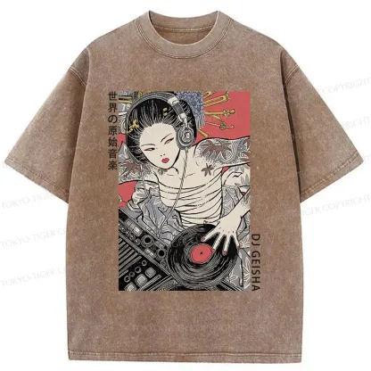 Tokyo-Tiger Geisha DJ Funny Washed T-Shirt