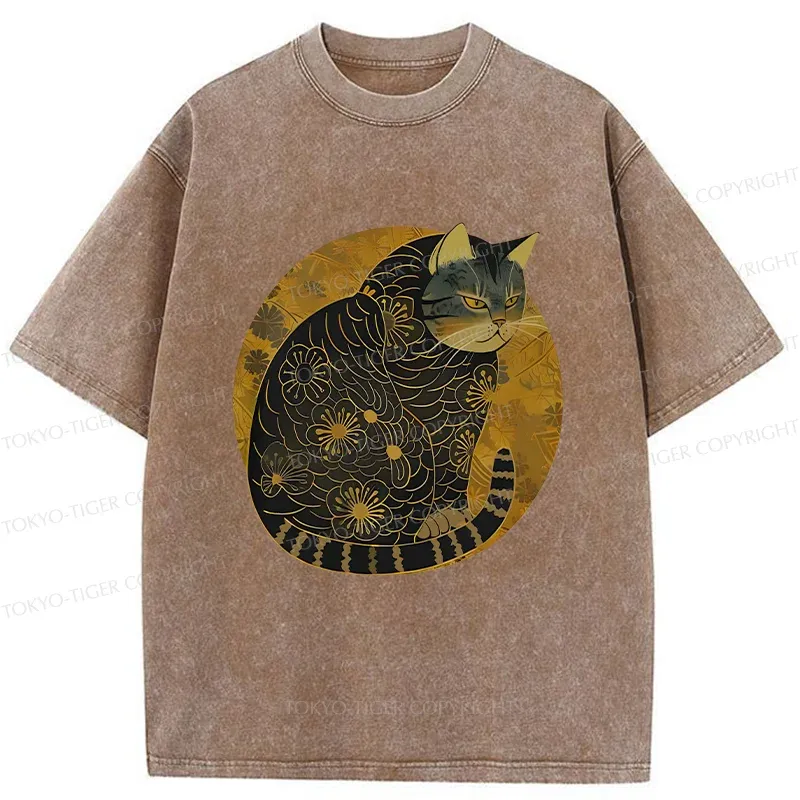 Tokyo-Tiger Japanese Retro Cat Washed T-Shirt