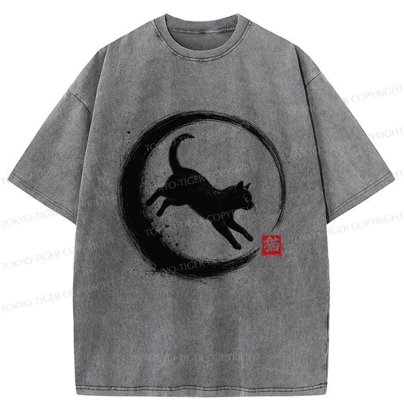 Tokyo-Tiger Retro Cat Enso Japanese Washed T-Shirt