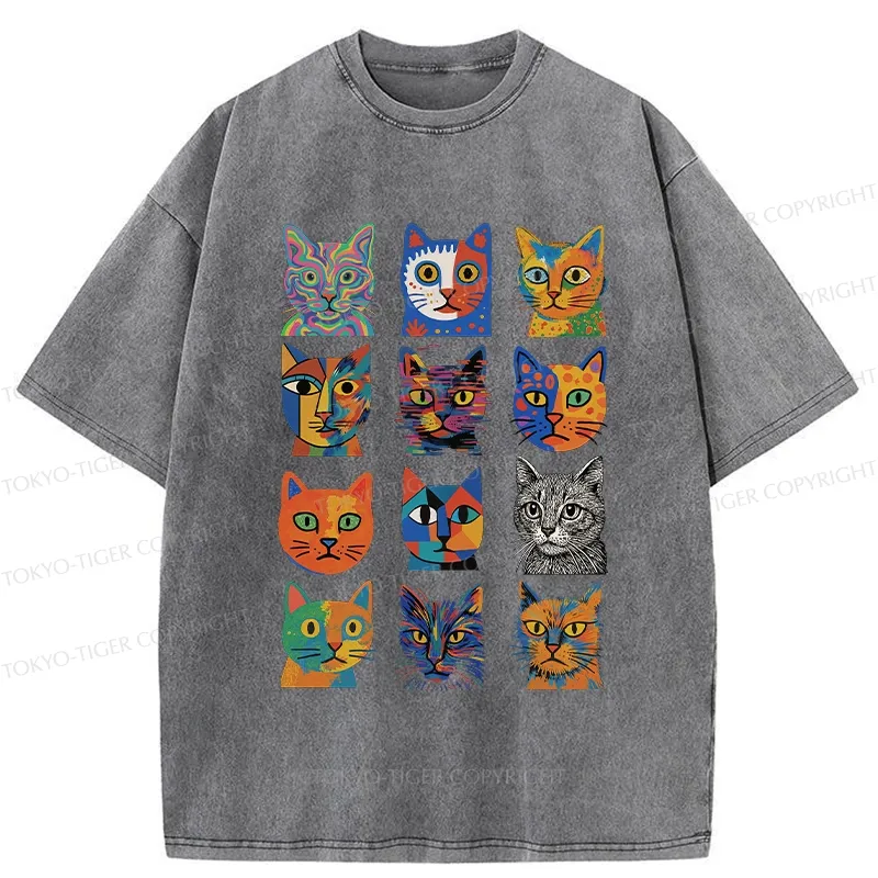 Tokyo-Tiger Abstract Cats Collection Washed T-Shirt