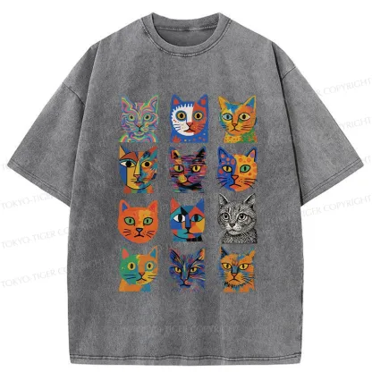 Tokyo-Tiger Abstract Cats Collection Washed T-Shirt