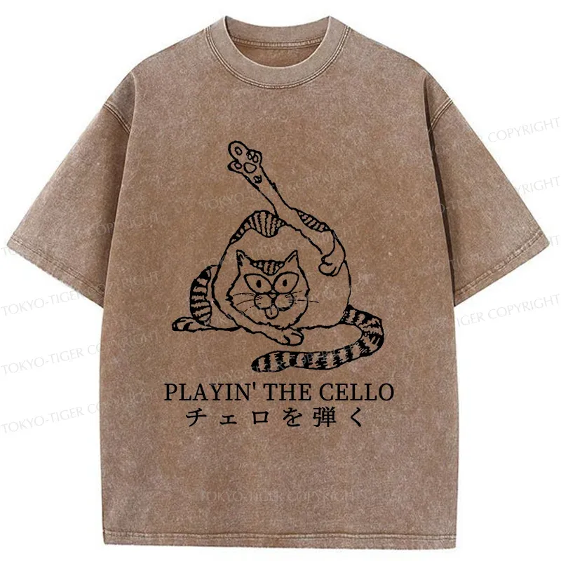 Tokyo-Tiger Cat Playing Cello Washed T-Shirt