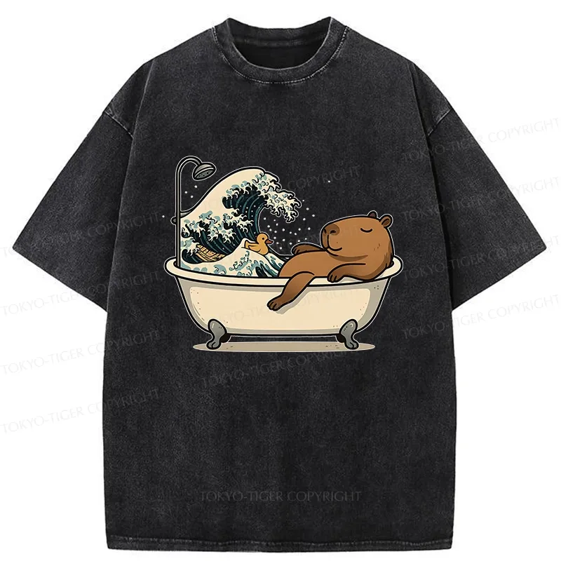 Tokyo-Tiger Funny Capybara Bathing Washed T-Shirt
