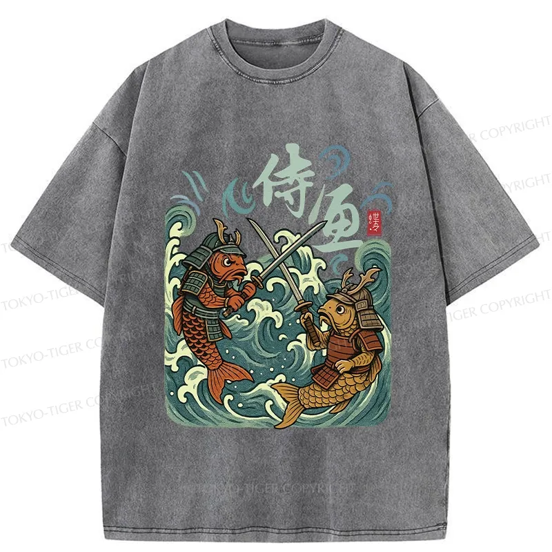 Tokyo-Tiger Japanese Samurai Fish Washed T-Shirt