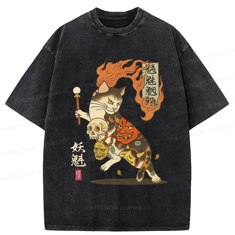 Tokyo-Tiger The Fiery Spirit Of The Yokai Cat Washed T-Shirt
