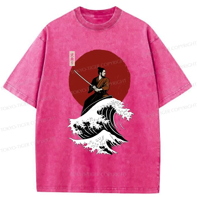 Tokyo-Tiger Surfing Japanese Samurai Washed T-Shirt