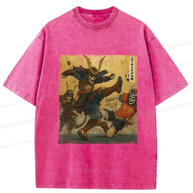 Tokyo-Tiger Skeleton Samurai Playing Football Washed T-Shirt
