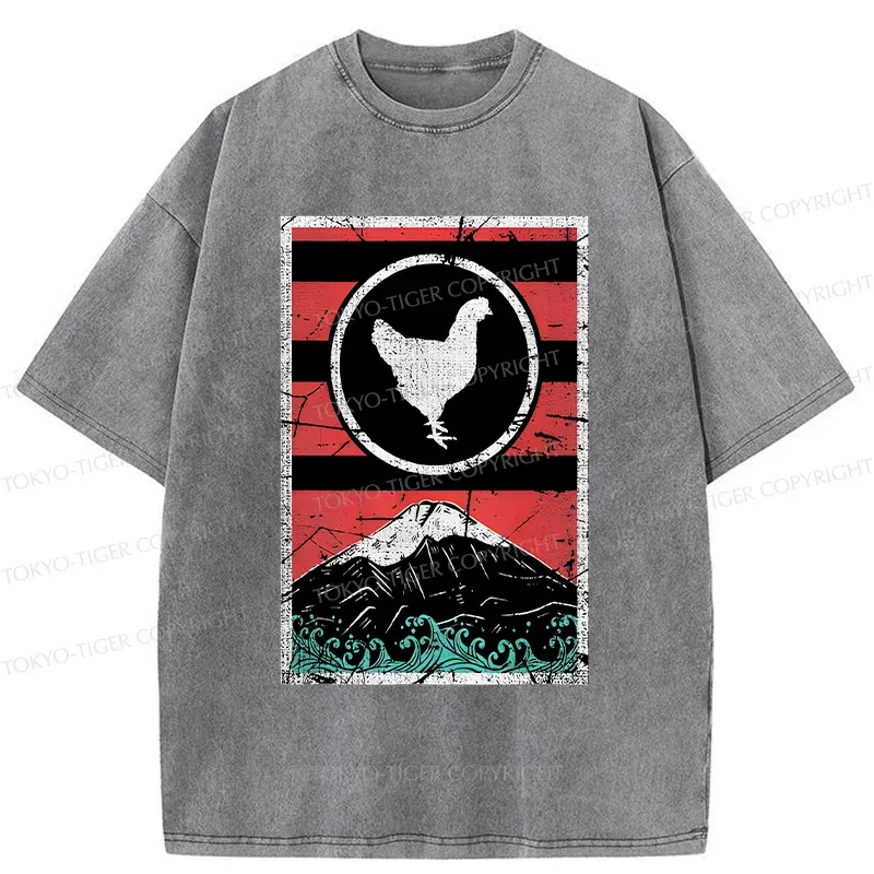 Tokyo-Tiger Mount Fuji And Chicken Washed T-Shirt