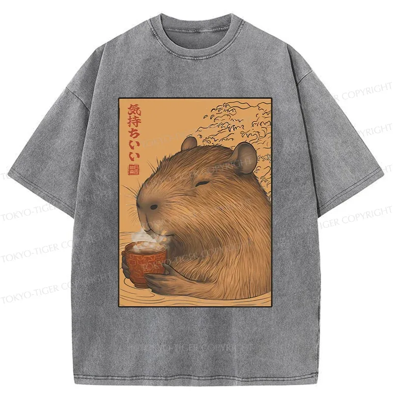 Tokyo-Tiger Capybara Taking A Bath Washed T-Shirt