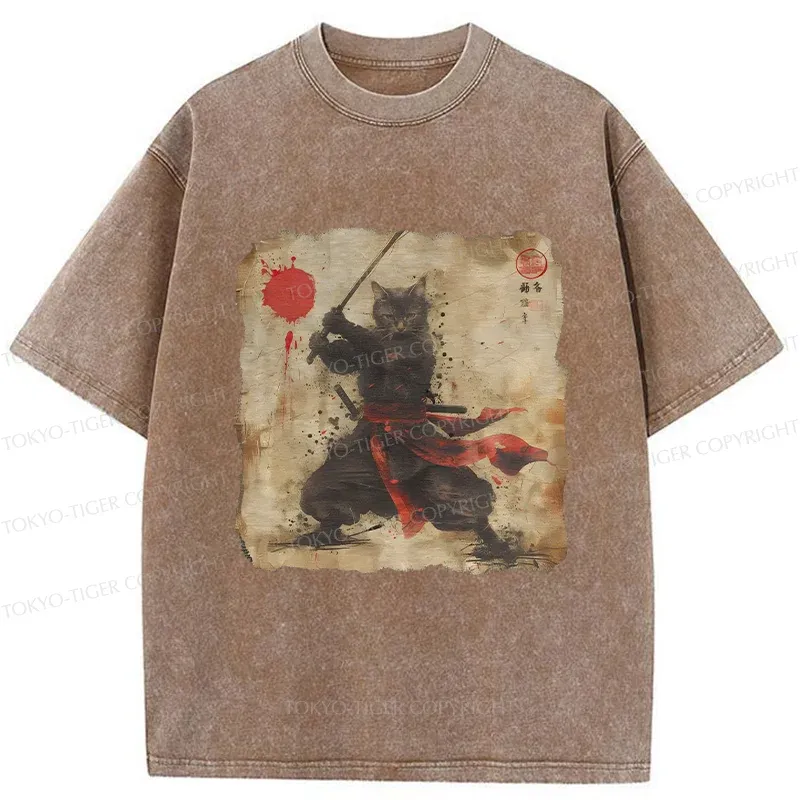 Tokyo-Tiger Retro Japanese Samurai Cat Washed T-Shirt